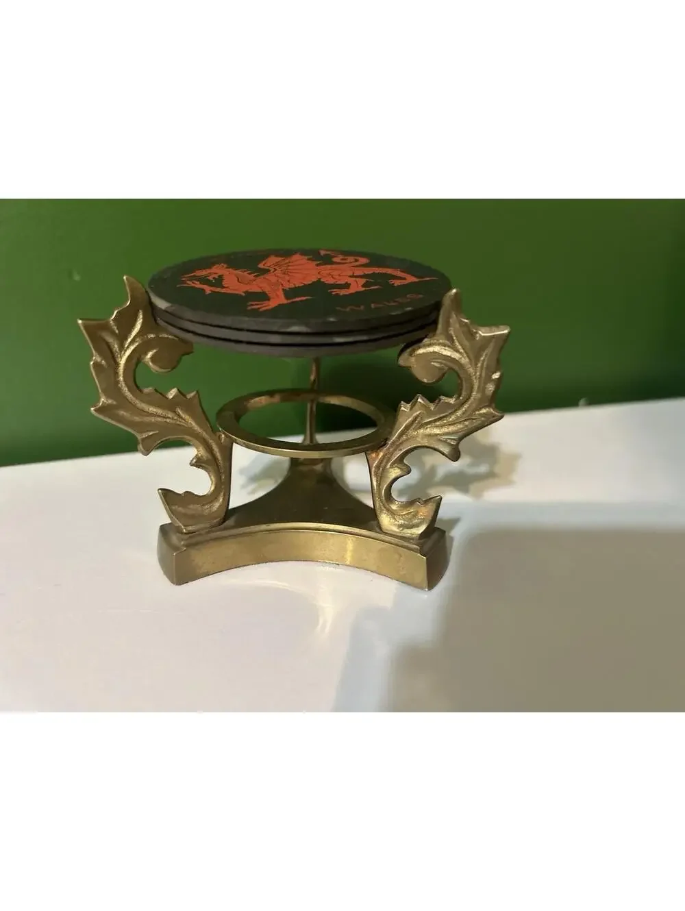 Vintage Wales Cymru Red Dragon Slate Coasters + Brass Acanthus Leaf Holder Set